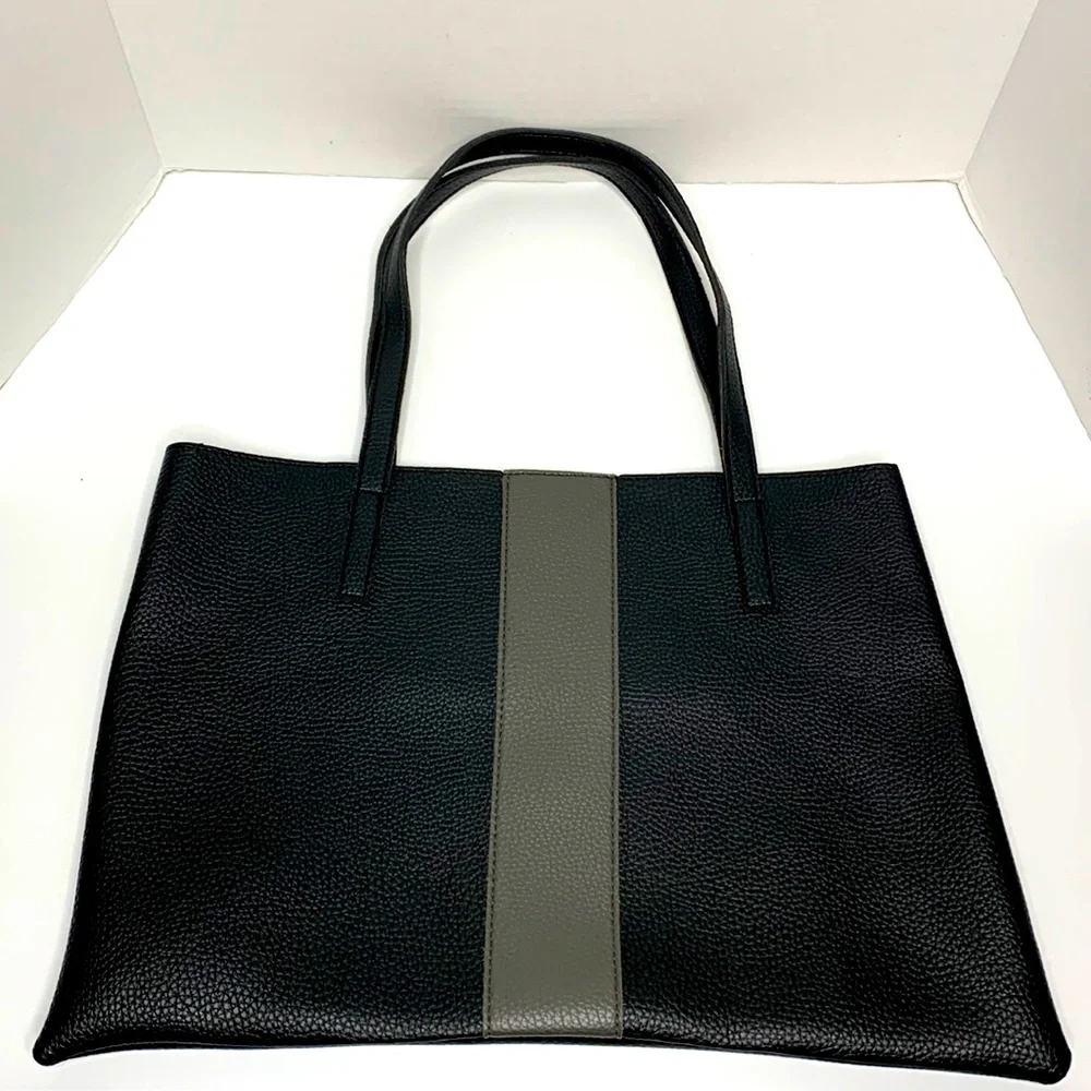 Vince Camuto | Black Leather Gray Stripe Shoulder Carry Tote Bag | Pebble Camuto